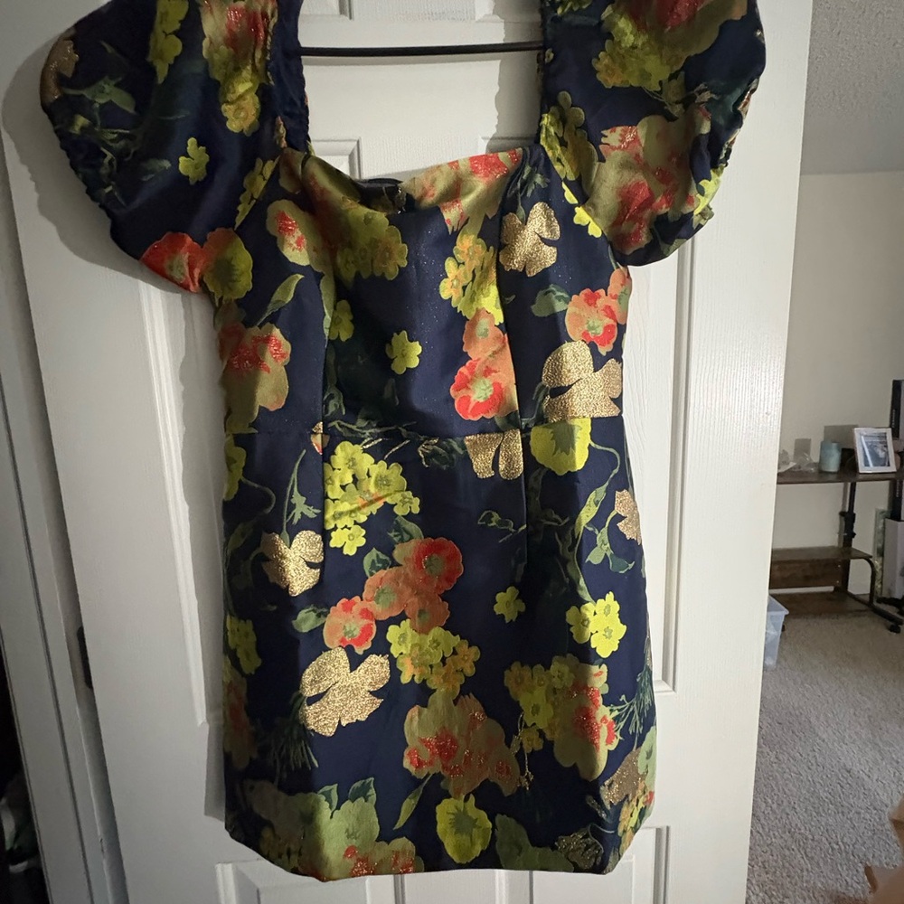 So Stunning Navy Blue Floral Jacquard Puff Sleeve Mini Dress
